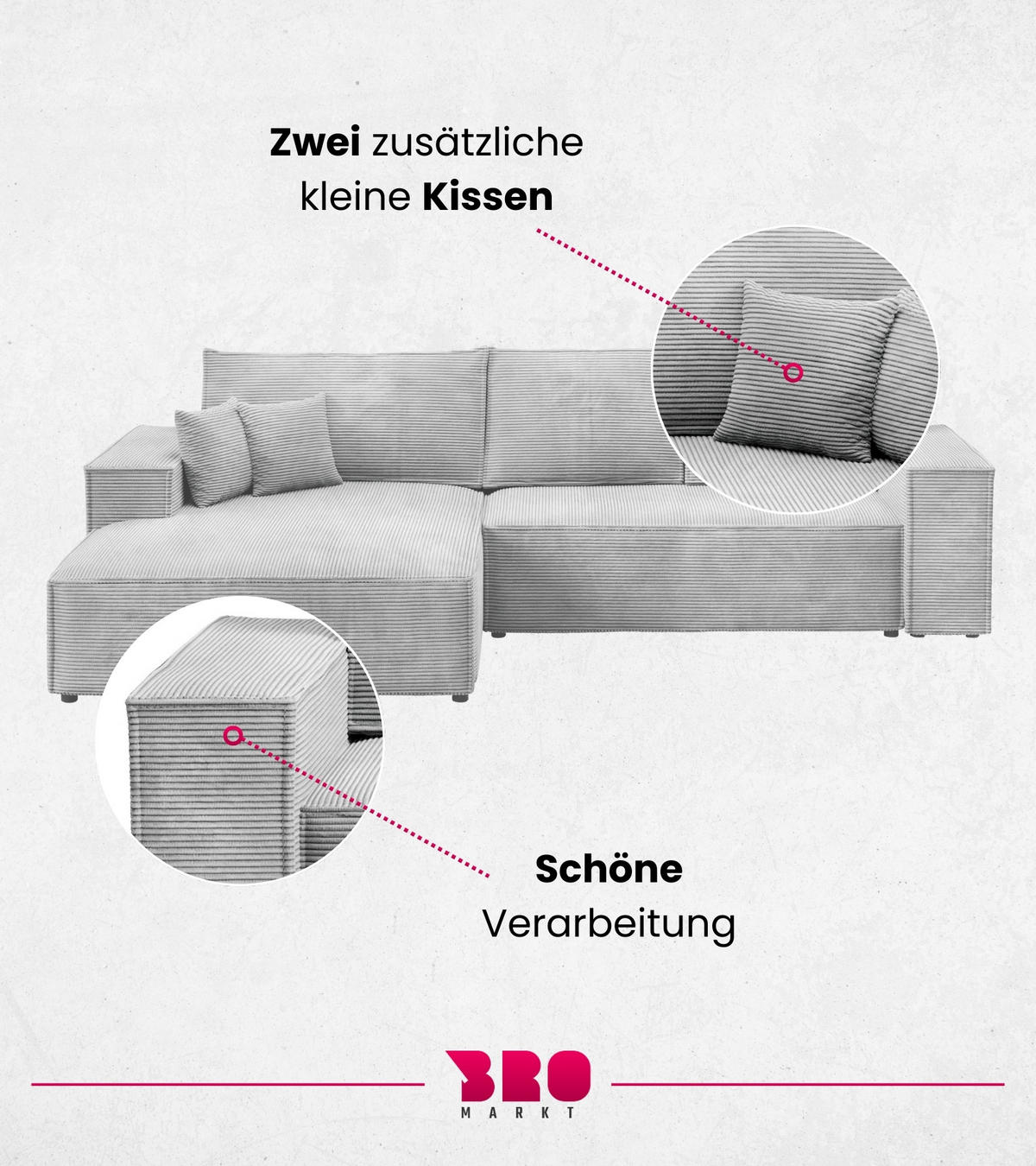 ECKSOFA Pablo mit Schlaffunktion Hellgrau Cord - Hellgrau, Textil (294/185cm) - Bromarkt