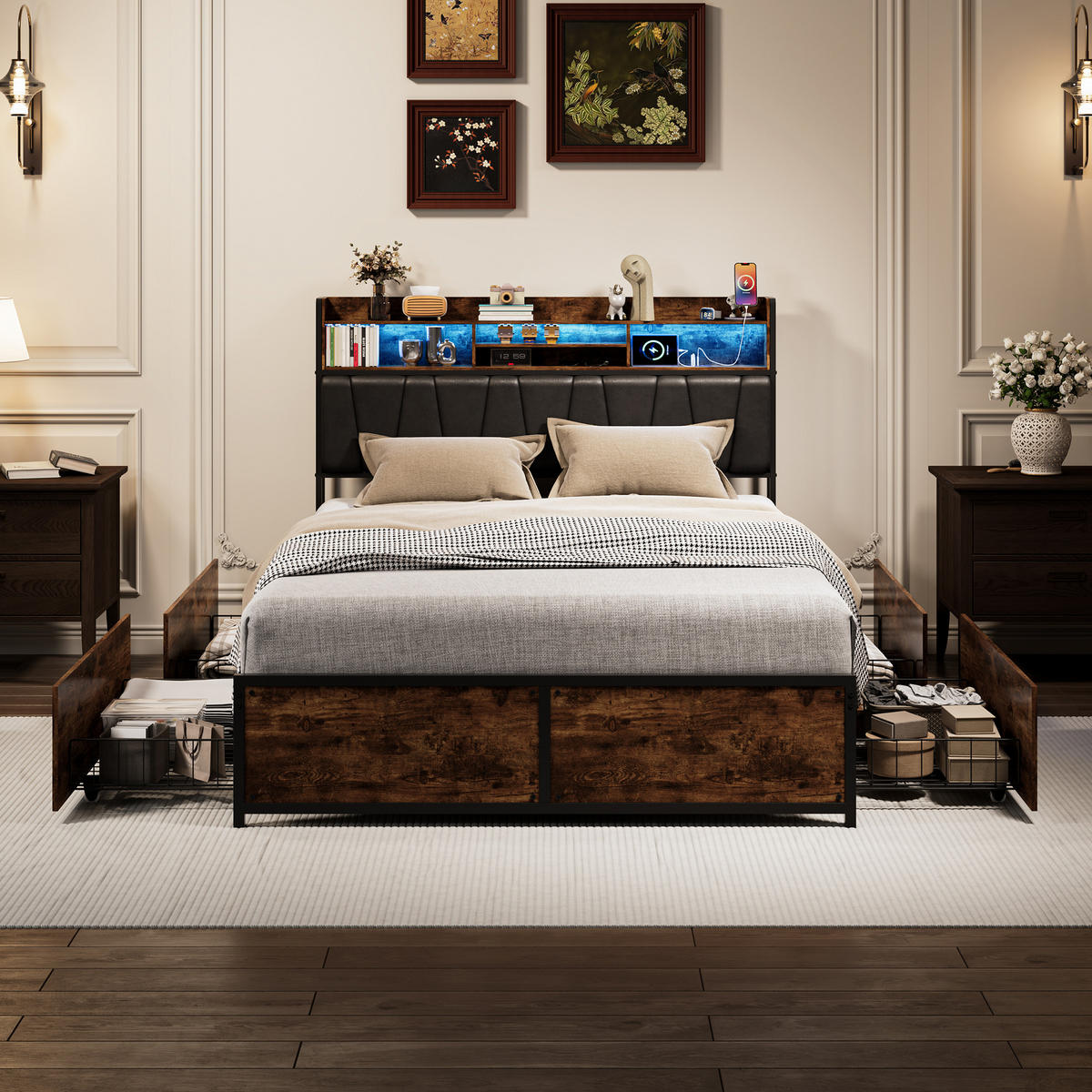 POLSTERBETT 140x200 cm, 4 Stauraumschubladen, LED-Leiste, Doppel-USB, in Braun - Braun, Holz (140/200cm) - BRILVERDE