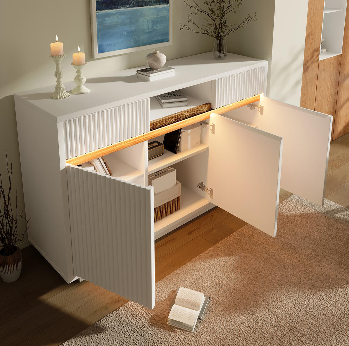 SIDEBOARD 140/40/85 cm aus Holz mit LED-Beleuchtung Weiß - Weiß, Holzwerkstoff (140/85/40cm) - Modenvie