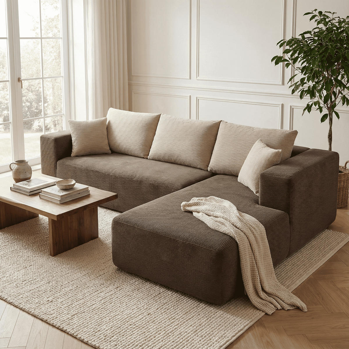 ECKSOFA Luna Braun Sand 3-Sitzer Rechts - Braun, Textil (267/175cm) - COCO Living