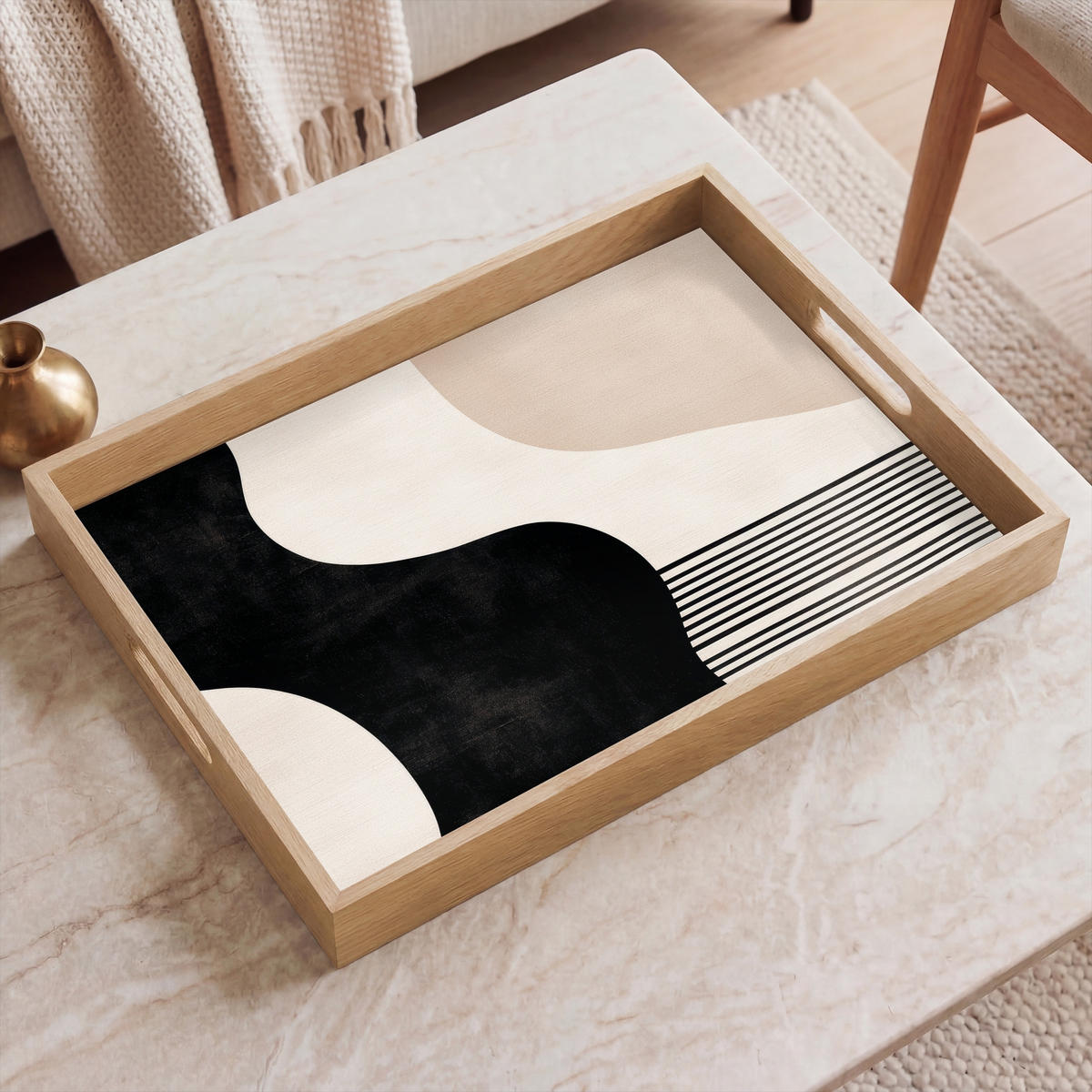 SERVÍROVACÍ PODNOS Abstraktní - Japonské - Béžové - Moderní 50x35 cm - černá, dřevo (50/5/5cm) - OnlyWow