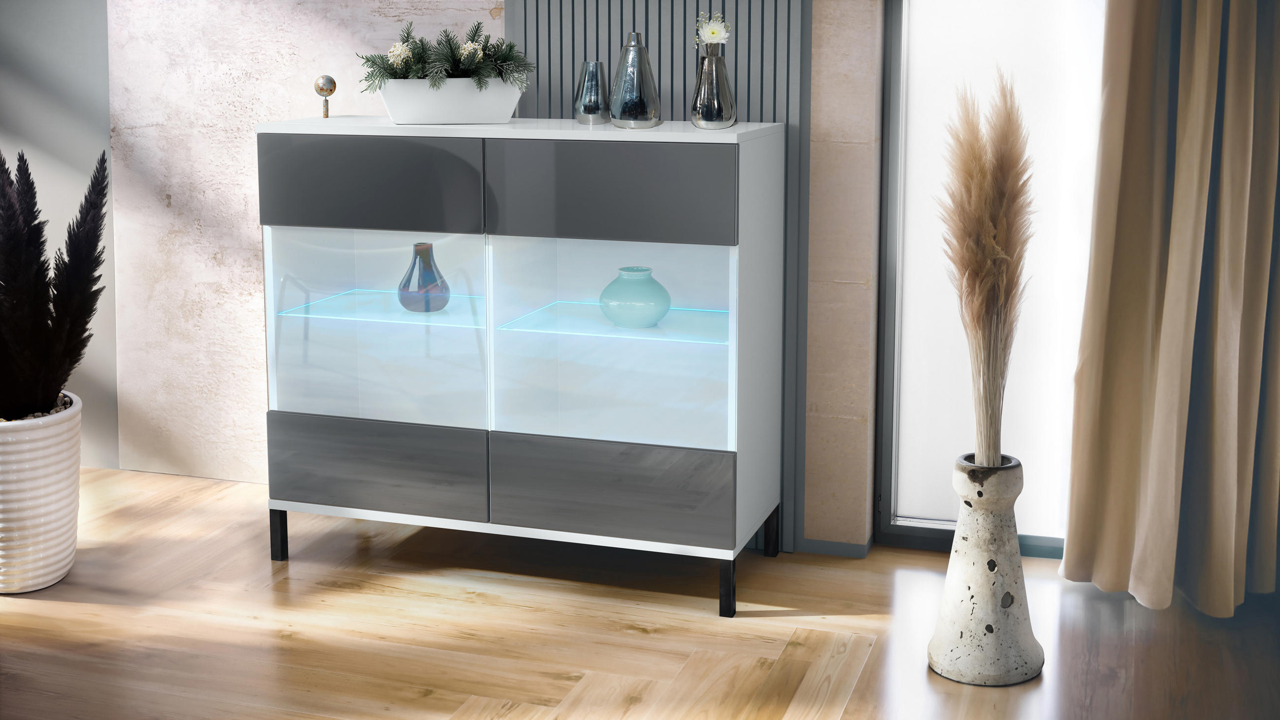 KOMMODE Bari Grau Hochglanz - Grau, Holzwerkstoff (92.5/83.5/35cm) - Vladon