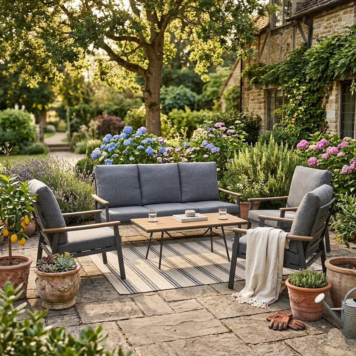LOUNGESET Tamworth - Ecksofa und Loungetisch, Aluminium grau, Tisch mit Glasplatte, mit Polstern - Grau, Metall - TPFGarden