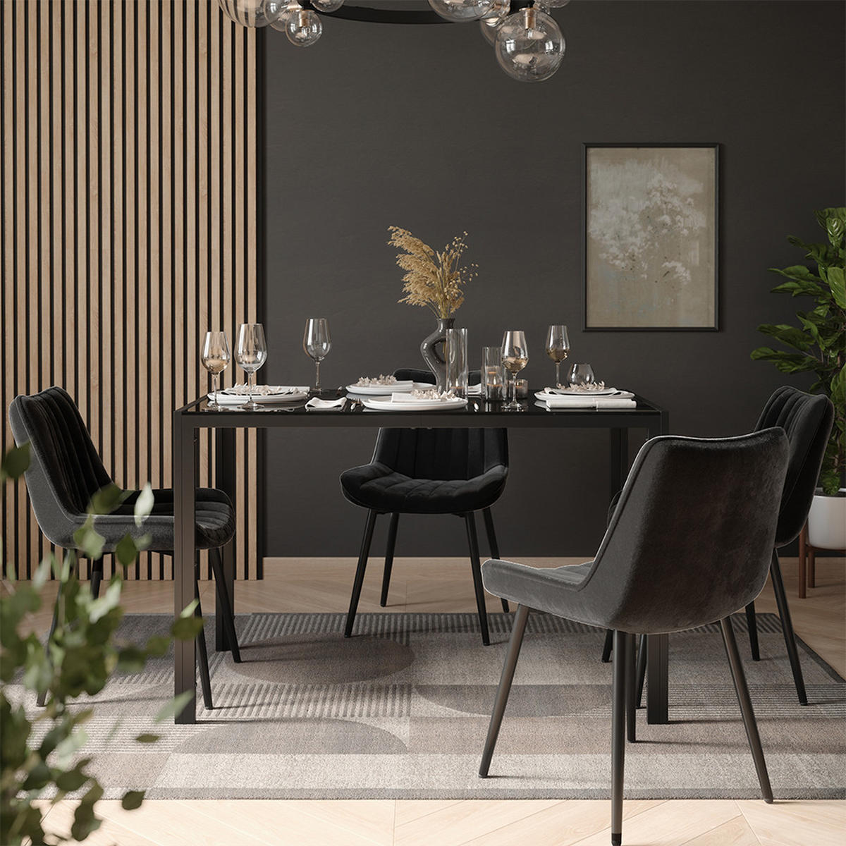 JÍDELNÍ STŮL SESTAVA Grand, Černá, 120 x 70 cm se 4 židlemi (černé) - černá, sklo (120/74.5/70cm) - Vicco