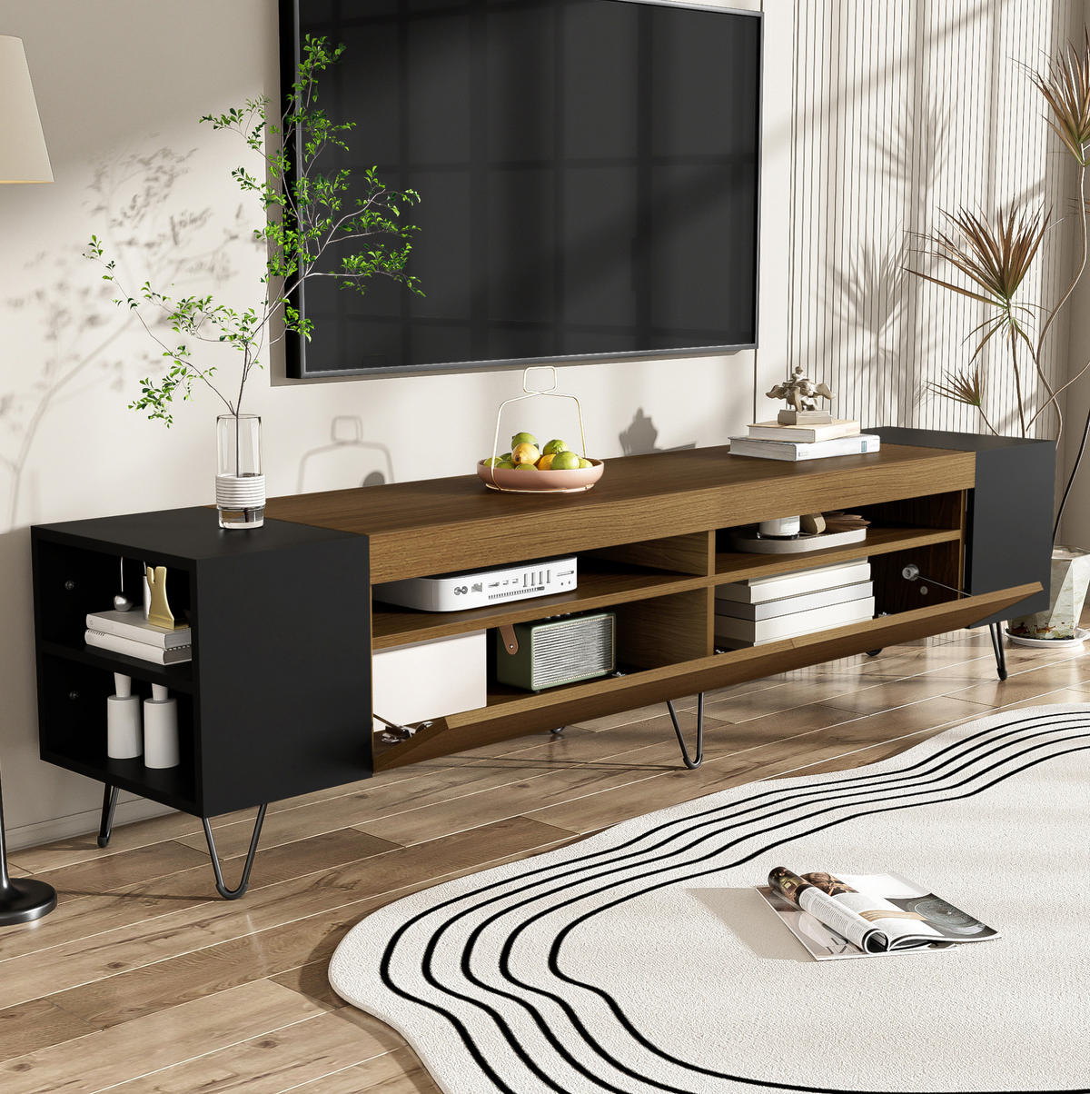 TV-SCHRANK in Schwarz und Holzoptik mit Türen 180/36/43 cm - Eichefarben, Holzwerkstoff (180/43/36cm) - Redom