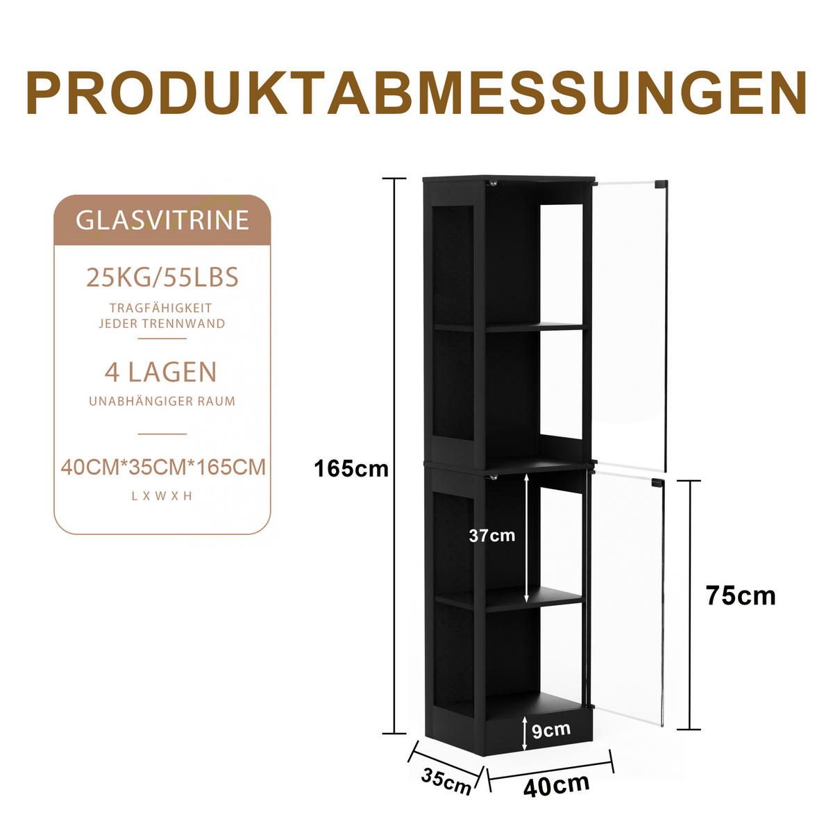 VITRINE 35/40/165 cm mit LED-Beleuchtung, Bewegungssensor, Stauraum und ABS-Rahmen, Akazienfarben - Naturfarben, Kunststoff (40/165/35cm) - Redom