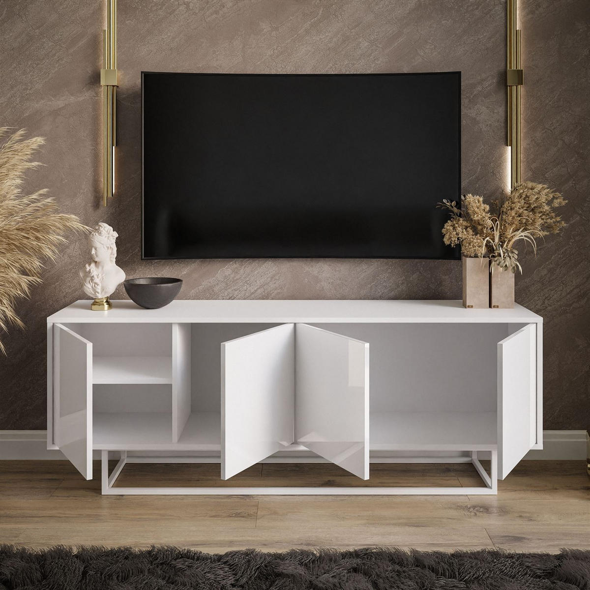 TV-ELEMENT SANAYI auf weißem Gestell / Hochglanz Weiß - Weiß, Holzwerkstoff (156/57/38cm) - Lookway