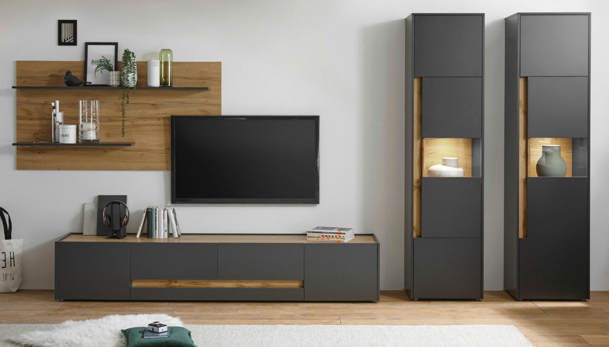 WOHNWAND 4-teilig grau matt, Eiche Wotan 400 cm, Kombination mit XL-TV-Schrank - Eiche Wotan/Grau, Glas/Holz (400/197/45cm) - Furn.Design