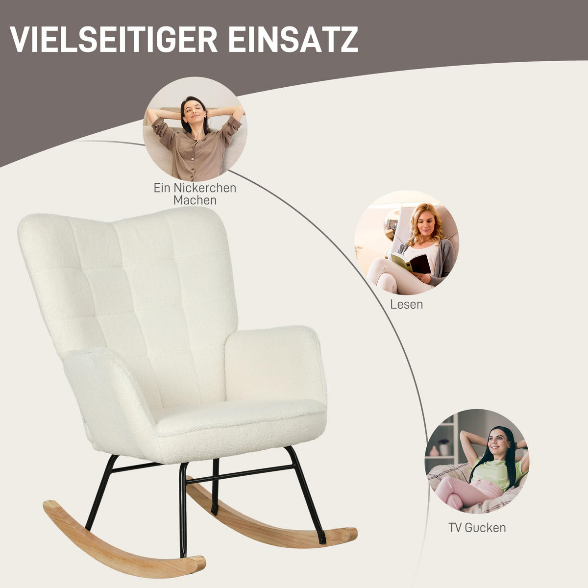 SCHAUKELSTUHL Sessel Relaxsessel bis 120 kg, Polyester, Weiß 98x71x101cm - Buchefarben/Weiß, Buchenholz/Textil (98/101/71cm) - HOMCOM