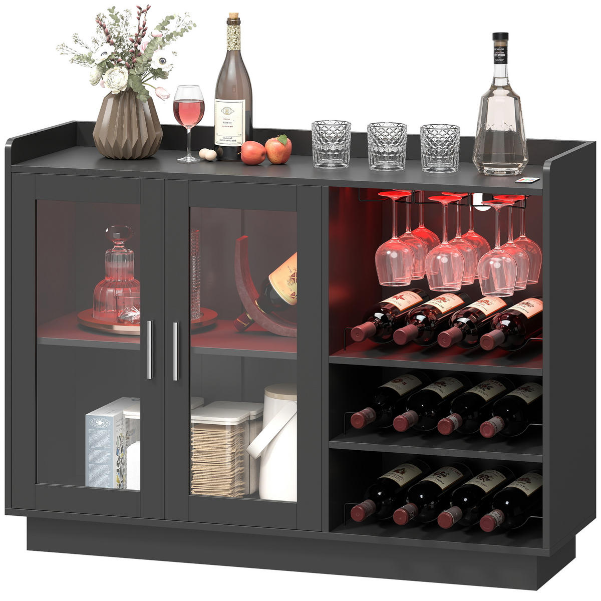 WEINREGAL, LED, verstellbarer Boden, Holz/Glas, schwarz, 120x38x88cm - Multicolor, Metall (120/88/38cm) - FORIOUS
