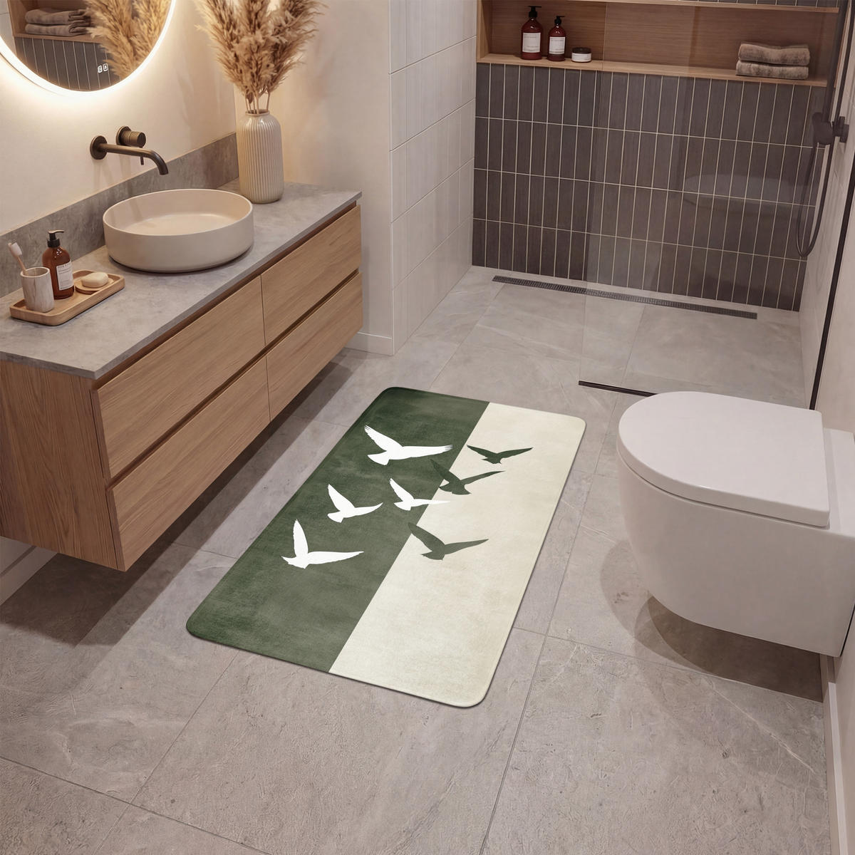 KOUPELNOVÁ PŘEDLOŽKA Japandi - Pták - Zelený 60x90 cm - olivově zelená, textil/plast (60/90cm)
