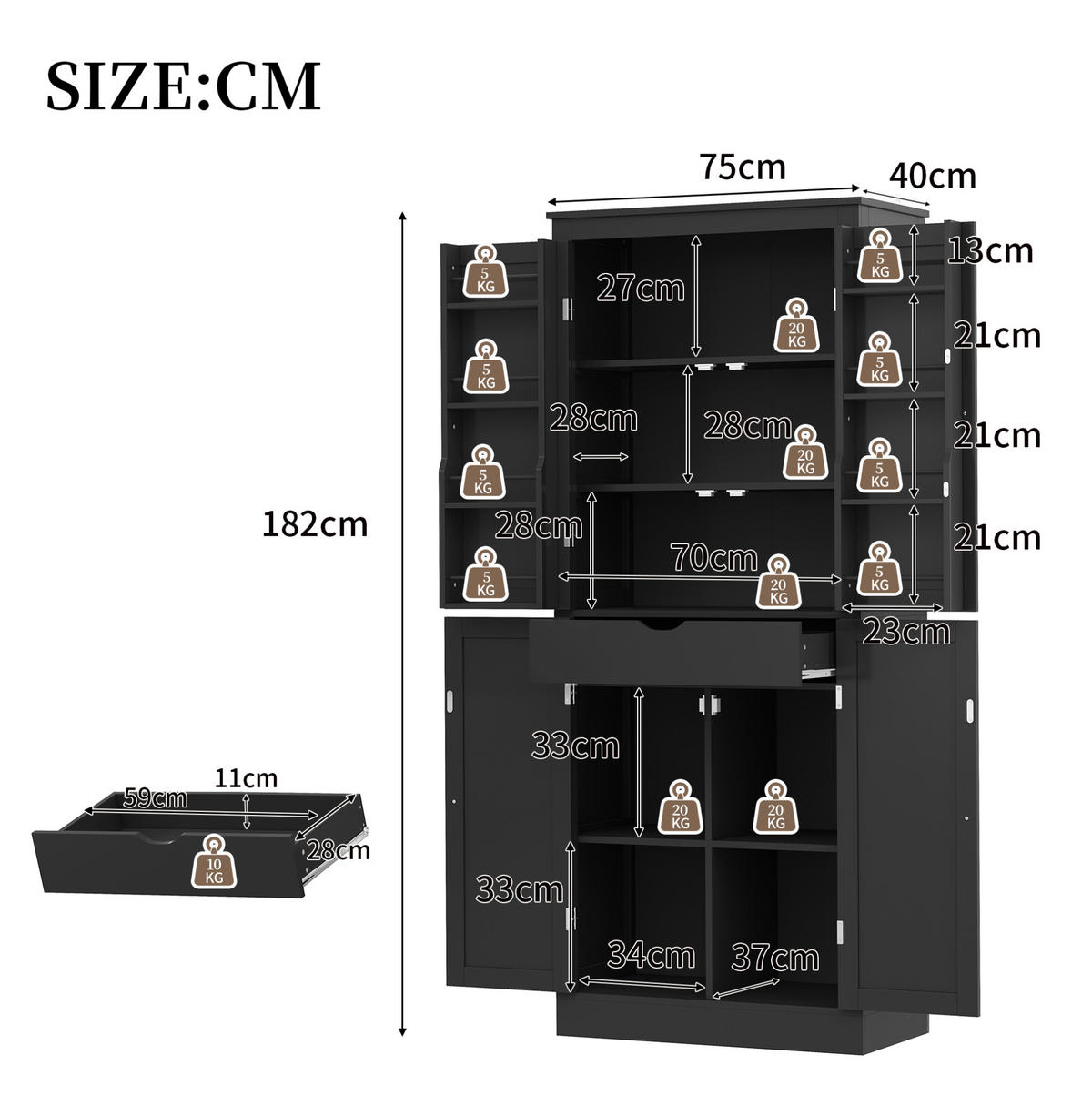 VYSOKÁ kuchyňská skříňka 75/40/182 cm s vnitřní zásuvkou a dveřními policemi, MDF, Černá - černá, kompozitní dřevo (75/180/40cm) - Redom
