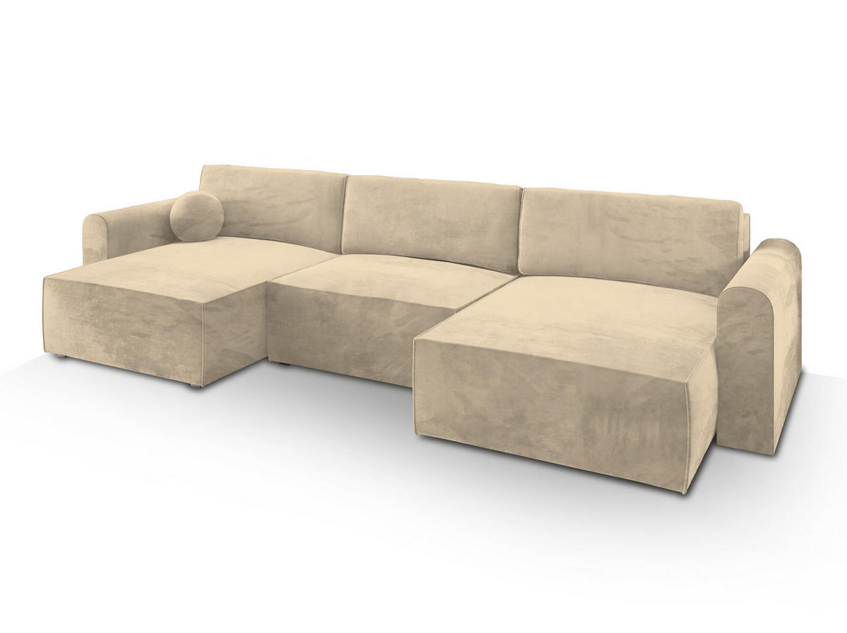 WOHNLANDSCHAFT FENTO M Creme Velours-Stoff mit Schlaffunktion - Creme, Holz (347/90/148cm) - MASSENO