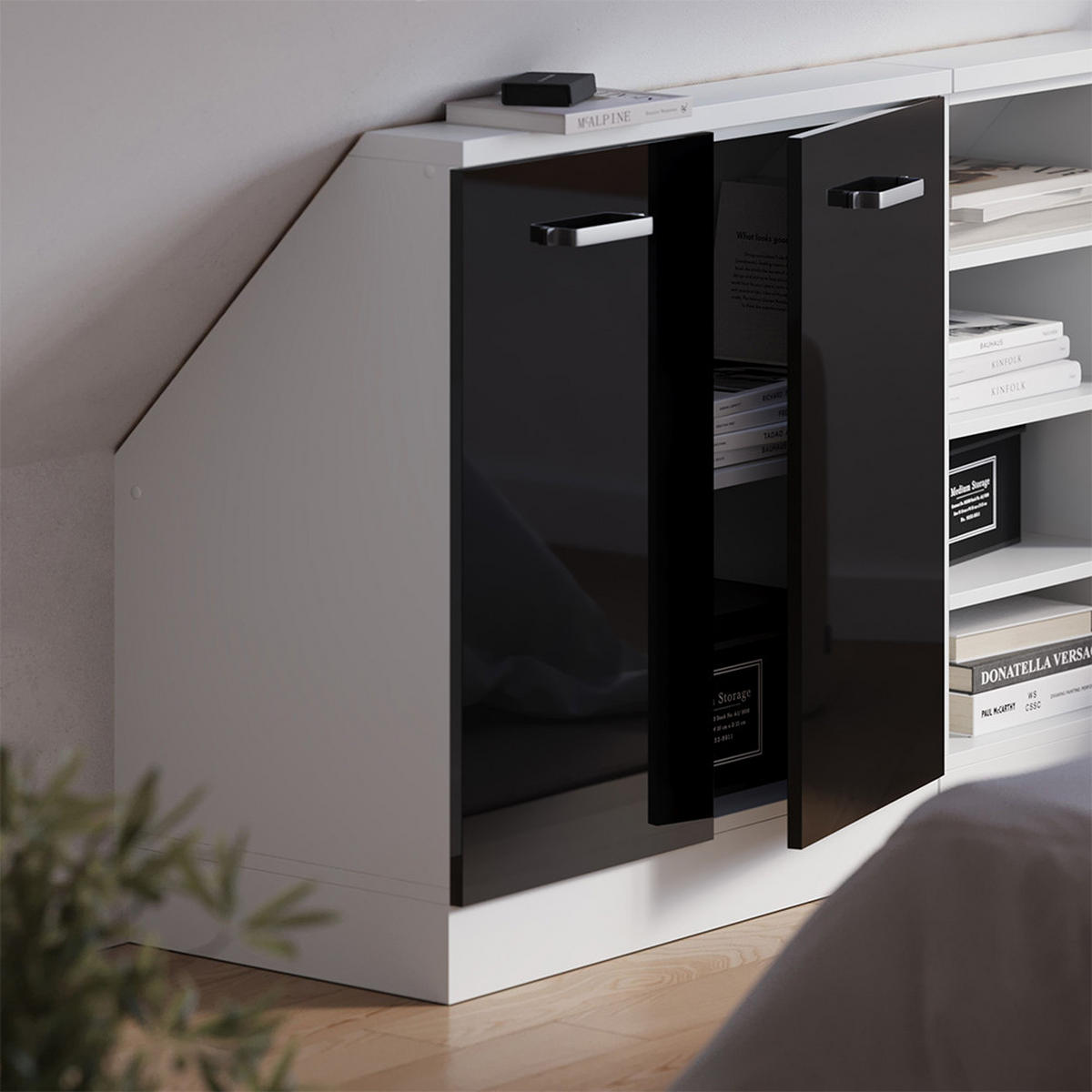 DACHSCHRÄGENSCHRANK Rion Schwarz Hochglanz mit 2 Türen - Schwarz Hochglanz, Holzwerkstoff (80/81.6/46cm) - Vicco