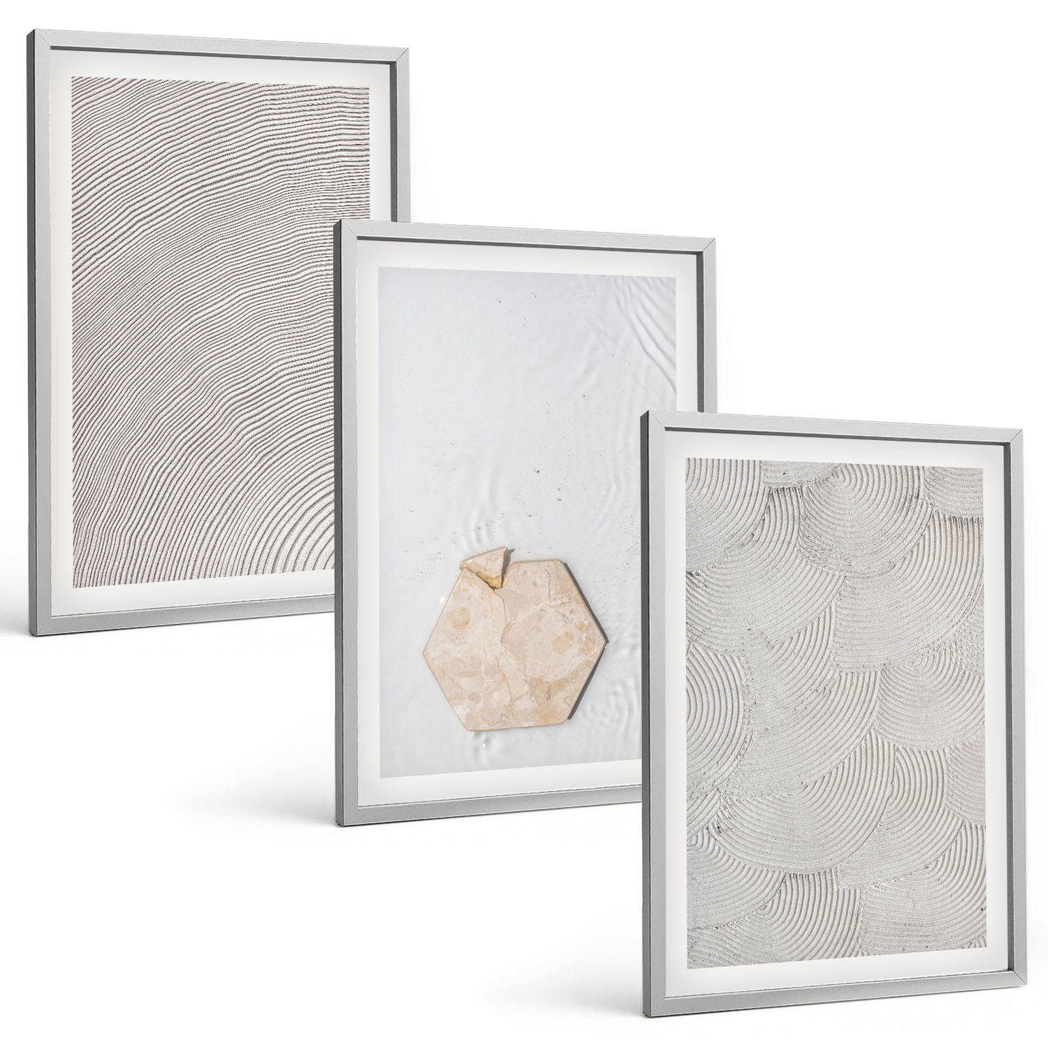 BILDER SET 3er Set - 40x60 cm Silberner Rahmen - Leichte Boho-Sandtexturen - Silberfarben, Kunststoff (40/60cm) - TULUP