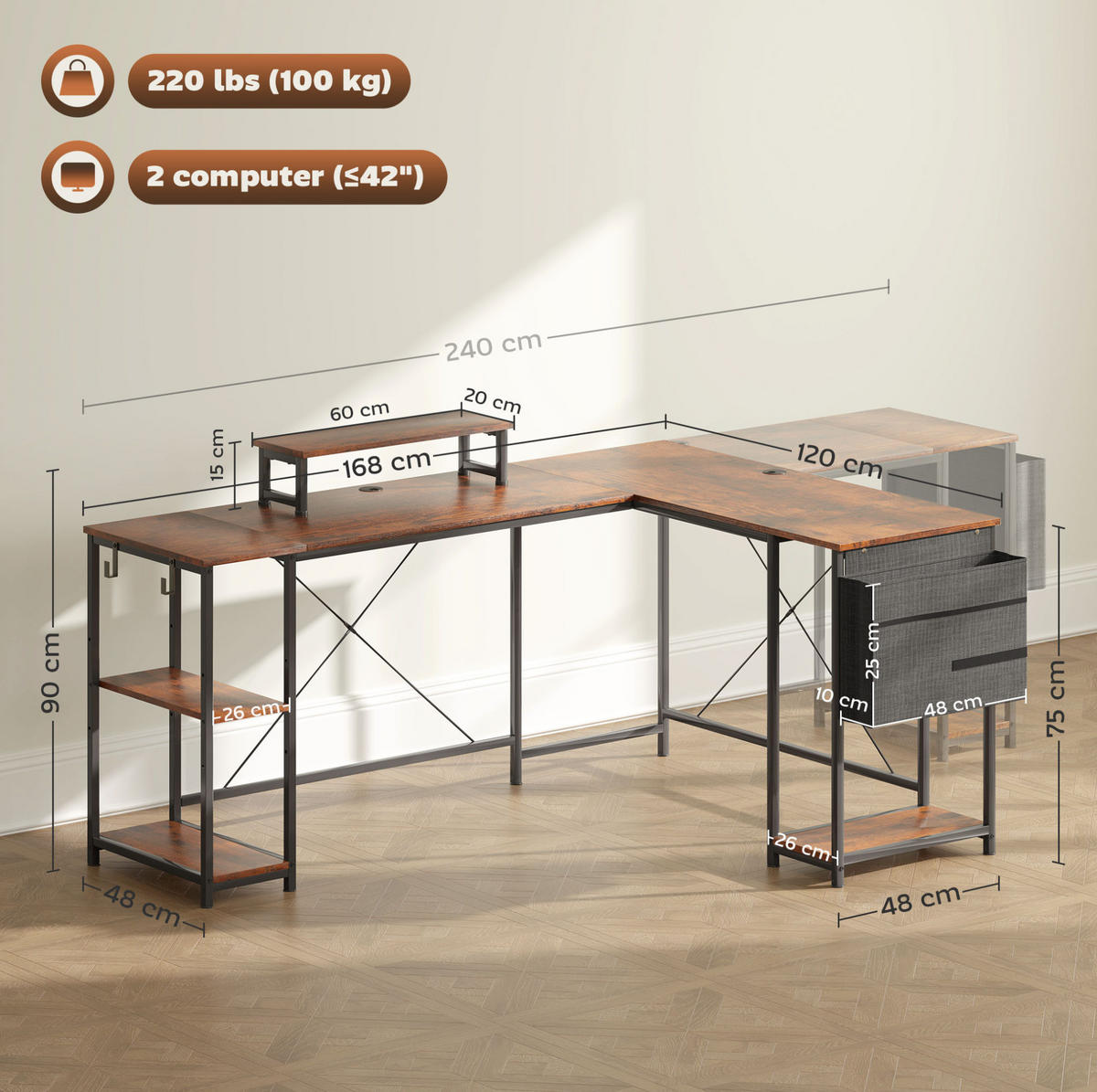 SCHREIBTISCH L-förmig oder gerade 168/240 cm Holz Braun - Braun, Holz (168/120/90cm) - Meubliv