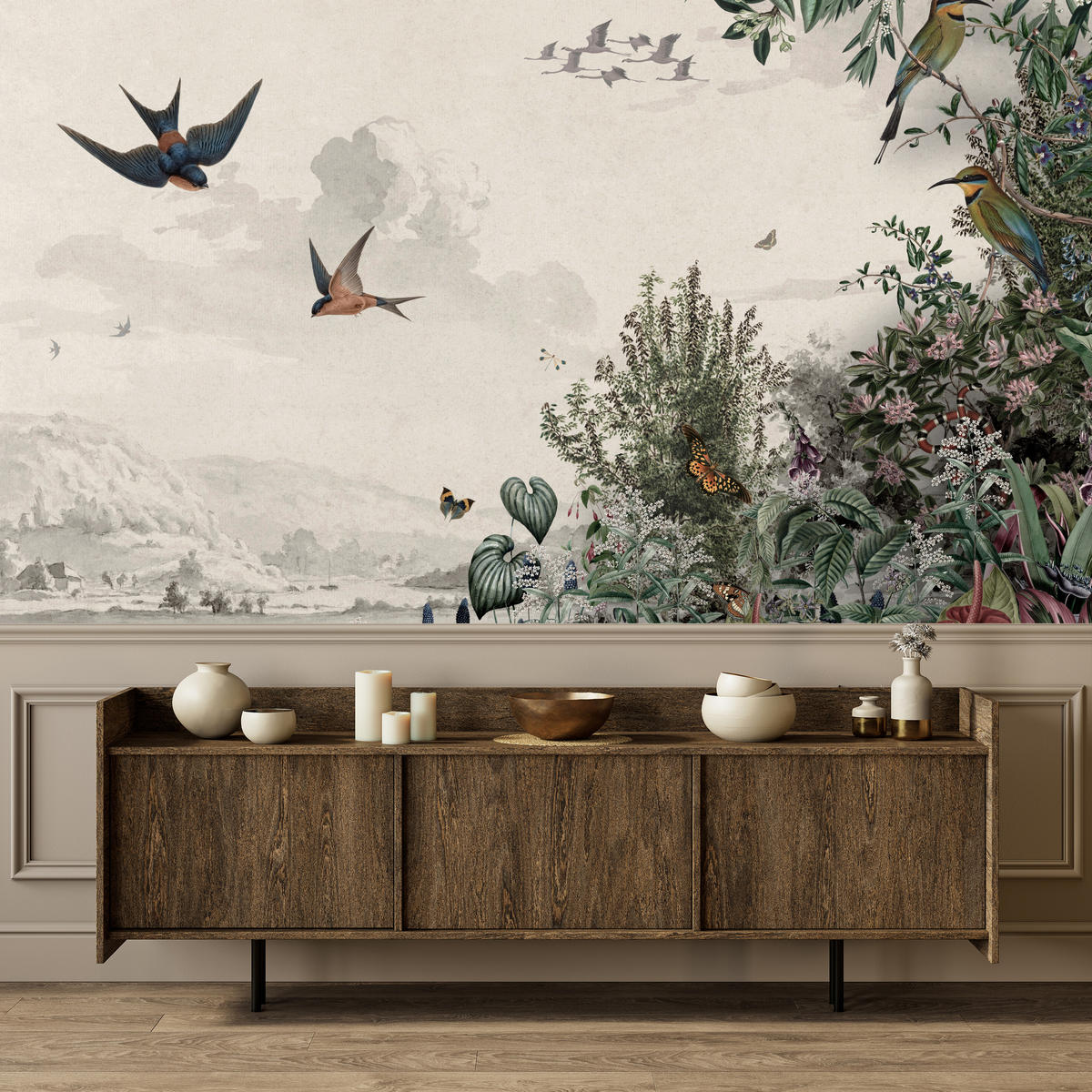 FOTOTAPETE für Wohnzimmer Retro Tropenlandschaft Vögel Büsche 400x280 - Beige/Rot, Papier (400/280cm) - Muralo