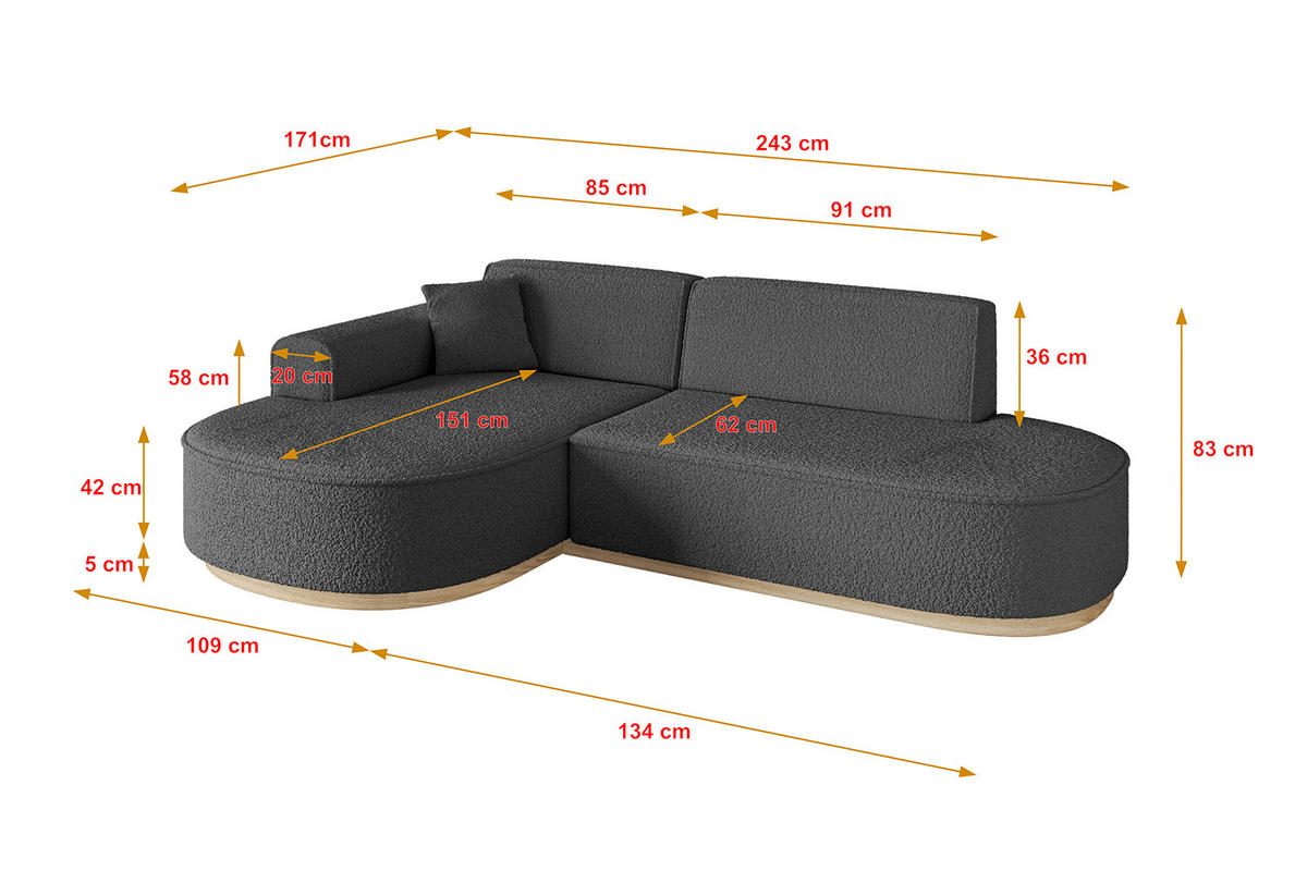 ECKSOFA Ottomane Links MARI-L1-v1 - 243x171x83 cm Grau Bouclé - Grau, Holzwerkstoff/Textil (243/171cm) - ALTDECOR
