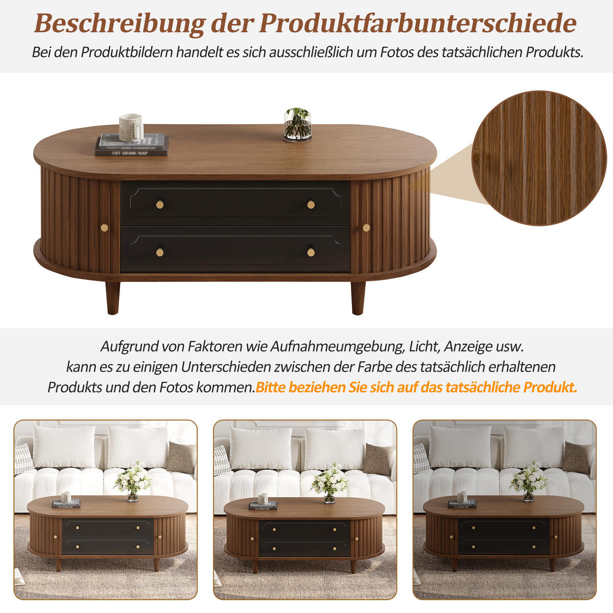 COUCHTISCH Walnuss Schwarz 2 Schubladen Rolltür 100x50x36cm - Walnussfarben, Holzwerkstoff (100/50/36cm) - FLIEKS