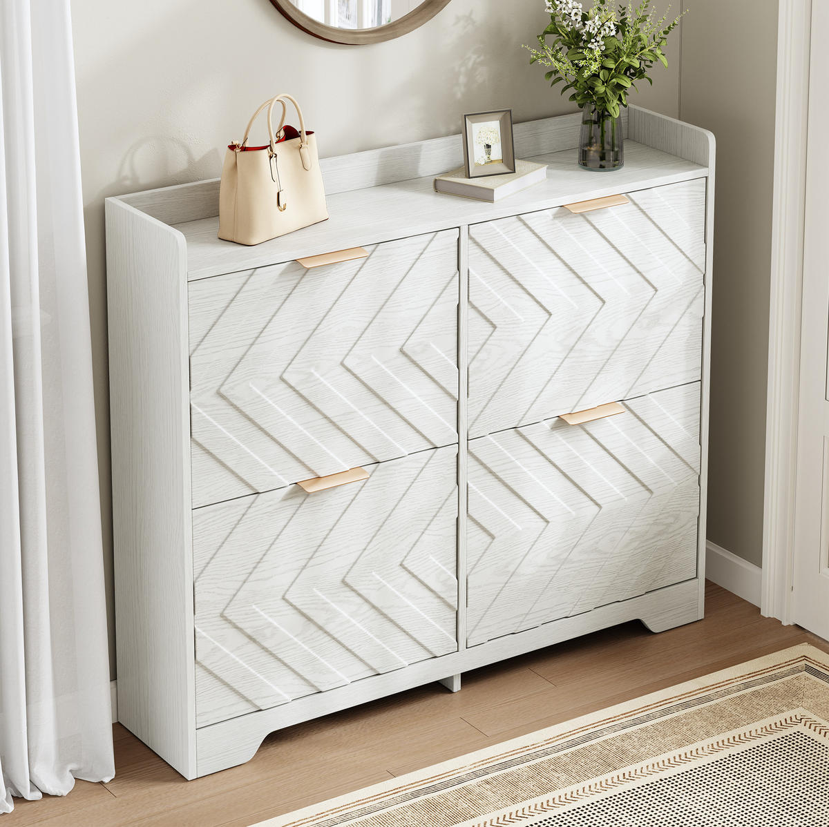 SCHUHSCHRANK mit 4 Klappen 105/24/90 cm in Weiß, platzsparend mit 3D-Strukturfront - Weiß, Holzwerkstoff (105/90/24cm) - BEAOK