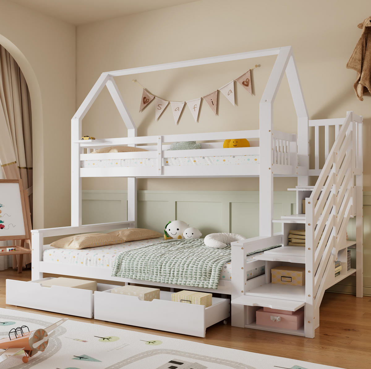 HAUSBETT 90/200 & 140/200 cm in Weiß mit Treppenschrank und Schubladen - Weiß, Holzwerkstoff (90/200cm) - BEAOK