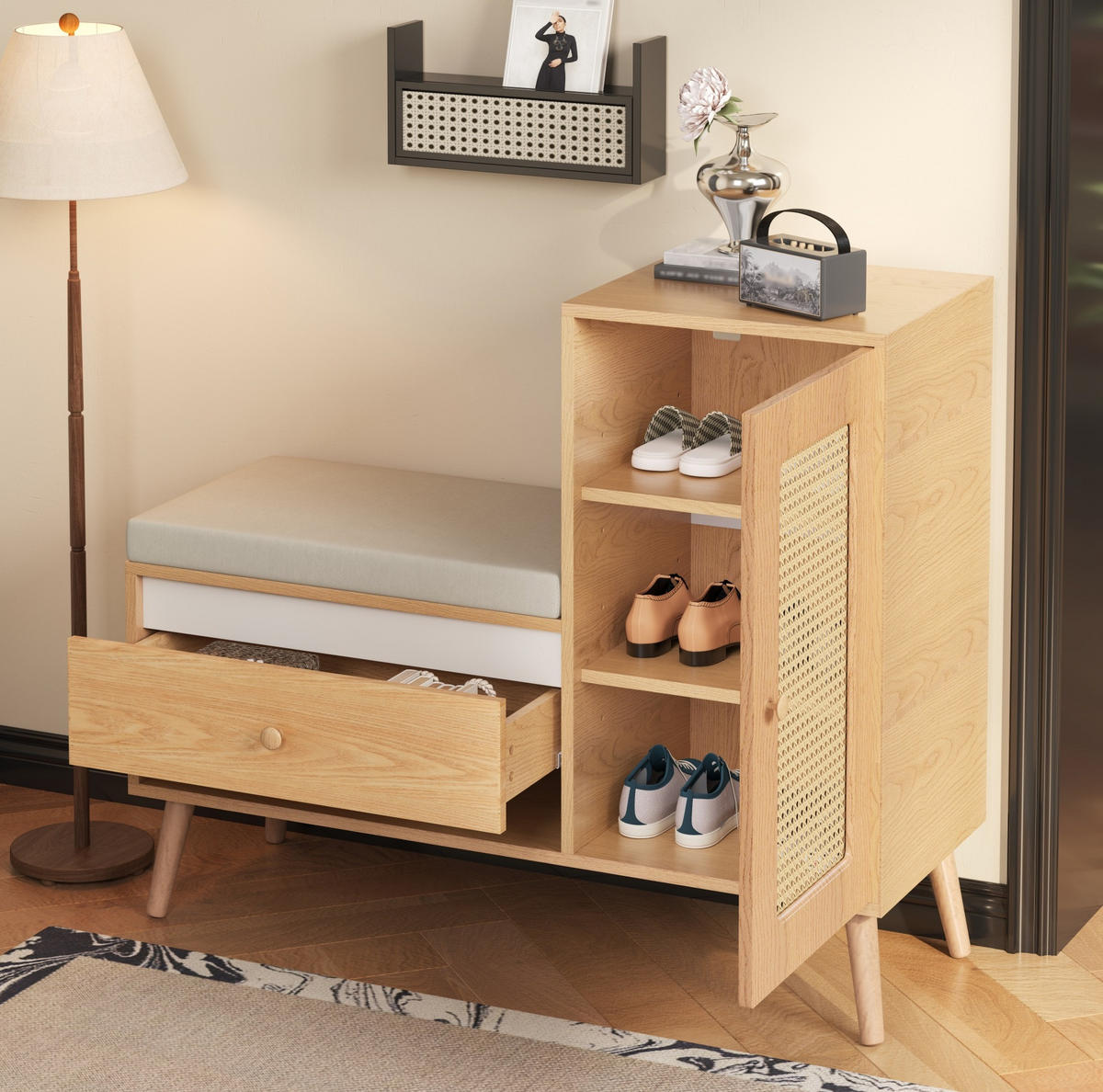 SCHUHSCHRANK aus MDF & Spanplatte 95,5x35x80,5cm in Natur mit Sitzkissen - Naturfarben, Holzwerkstoff (95.5/80.5/35cm) - Modfu