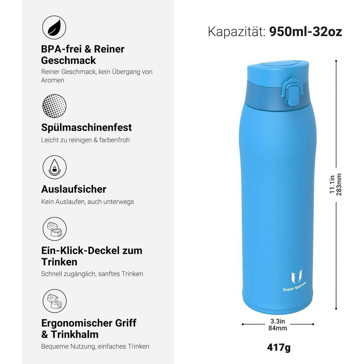 TRINKFLASCHE Edelstahl 950 ml Himmelblau - Blau, Metall (8.4/8.4cm)