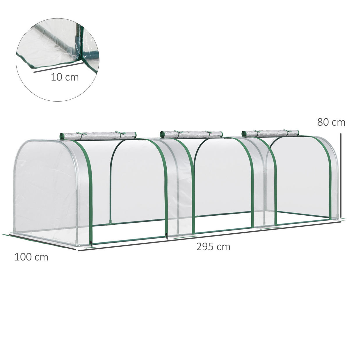 GEWÄCHSHAUS aus Stahl 295x100x80 cm Transparent mit 3 Reißverschlussfenstern - Transparent, Metall (100/80/295cm) - Modfu