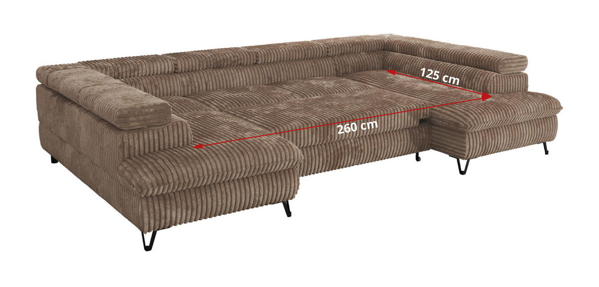 WOHNLANDSCHAFT PABLO U Cord Braun mit Topper T25 - Schwarz/Braun, Textil/Metall (346/76/208cm) - MKS