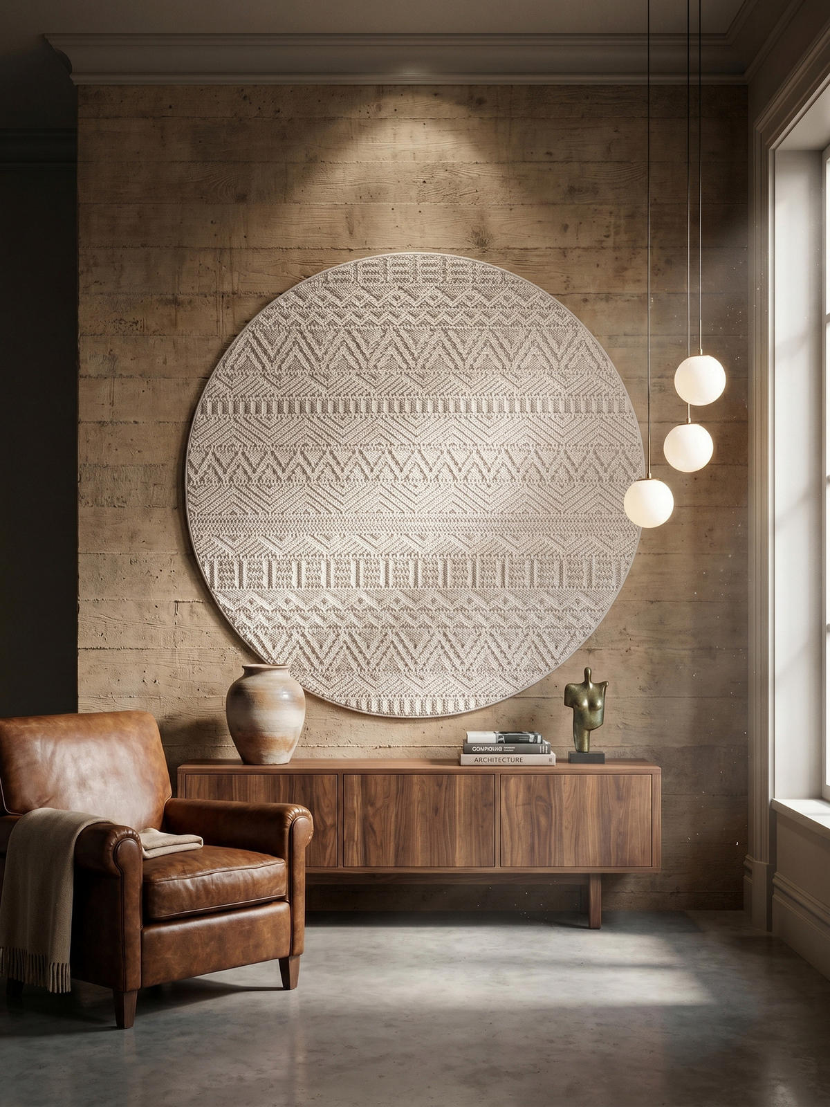 TEPPICH Flachgewebe LANGAU in Creme, mit Ethno-Streifen, Ø 200 cm - Creme, Textil (200/200cm) - KADIMA DESIGN