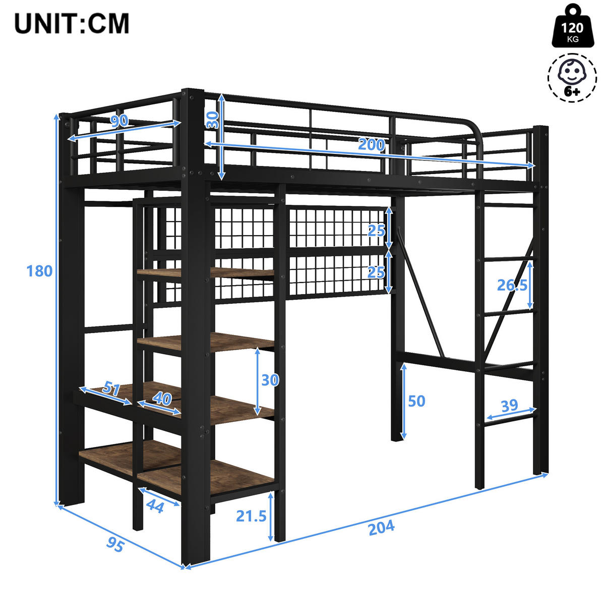 HOCHBETT 90/200 cm mit LED-Lichtleiste, Ablagefach, Hängenetz und Wäschestange, Eisenrahmen mit MDF, Schwarz - Schwarz, Metall (90/200cm) - Redom