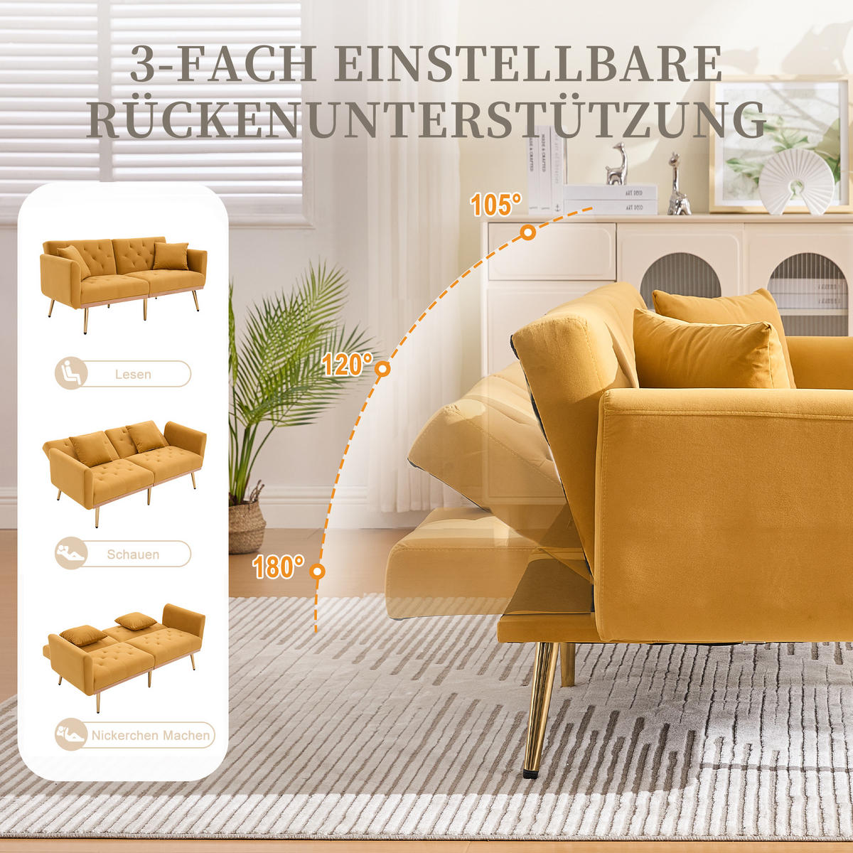 SCHLAFSOFA Samt mit verstellbarer Rückenlehne Senfgelb 165/72,5/75 cm - Gelb, Textil (72.5/75/165cm)