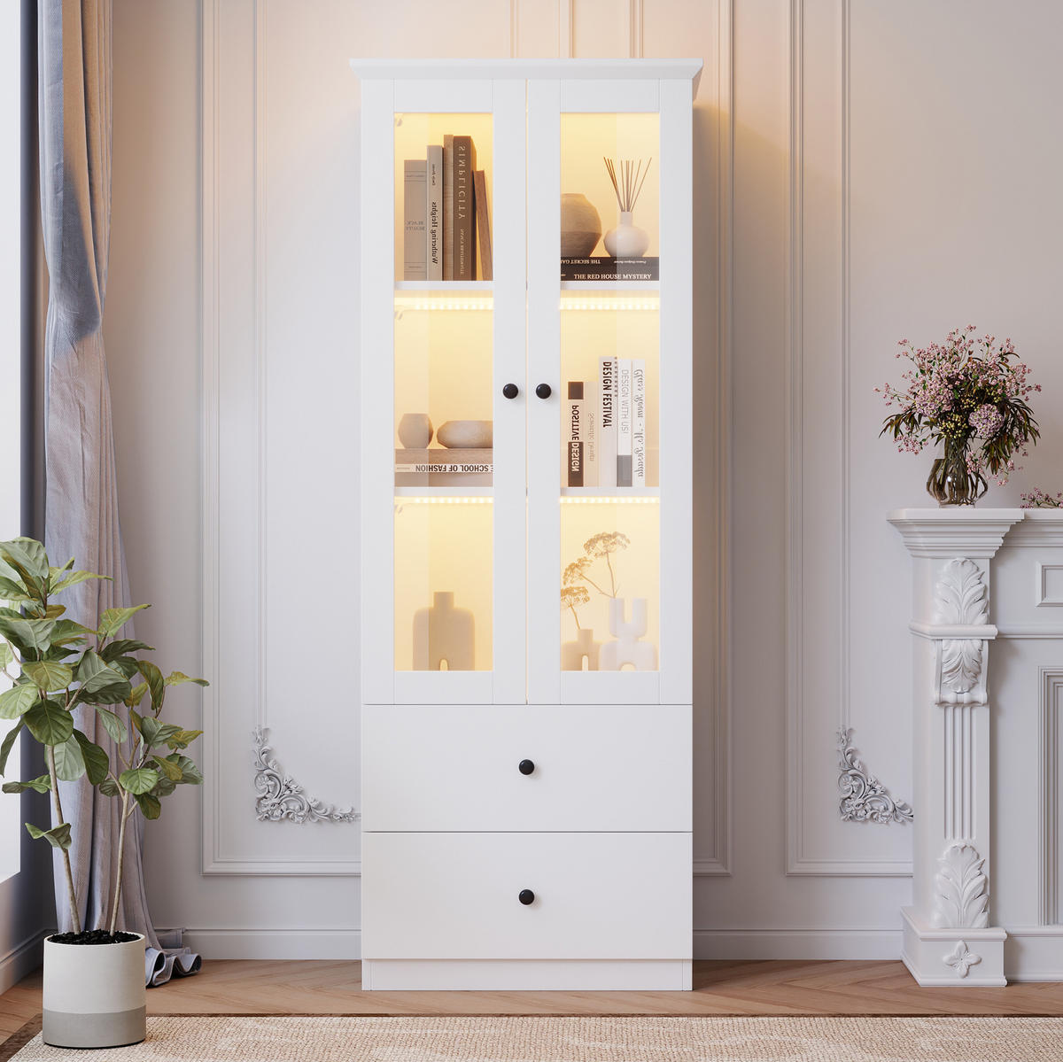 VITRINE 60/35,5/165 cm aus MDF und Holzwerkstoff mit LED-Beleuchtung und 2 Schubladen Weiß - Weiß, Holzwerkstoff (60/165/35.5cm) - Modenvie