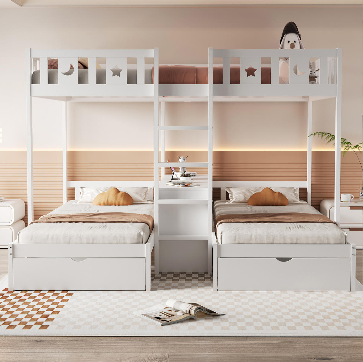 ETAGENBETT 90/200 cm & 140/200 cm mit Leiter, Stauraum und 2 Schubladen, Stern- und Monddesign, Weiß - Weiß, Holzwerkstoff (90/200cm) - Redom