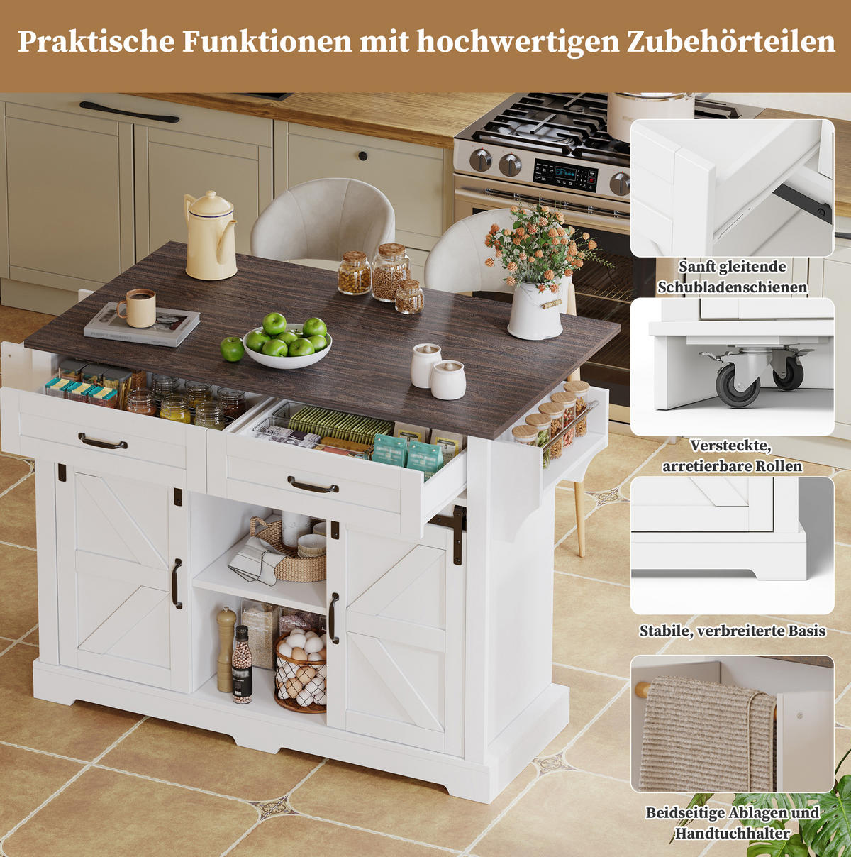 KÜCHENINSEL 120/45(70)/91 cm aus MDF mit klappbarer Arbeitsplatte, Schiebetüren und Rollen, Braun/Weiß - Braun, Holzwerkstoff (120/91/70cm) - Redom