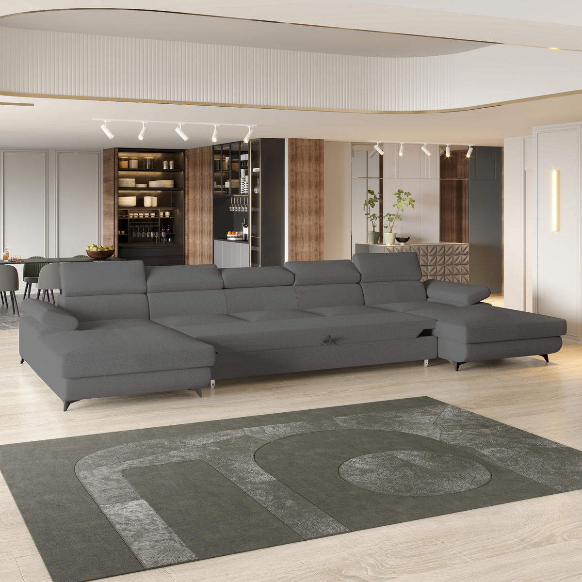 WOHNLANDSCHAFT VIVENTE Grau Boucle-Stoff mit Schlaffunktion - Grau, Holz (410/89/190cm) - MASSENO