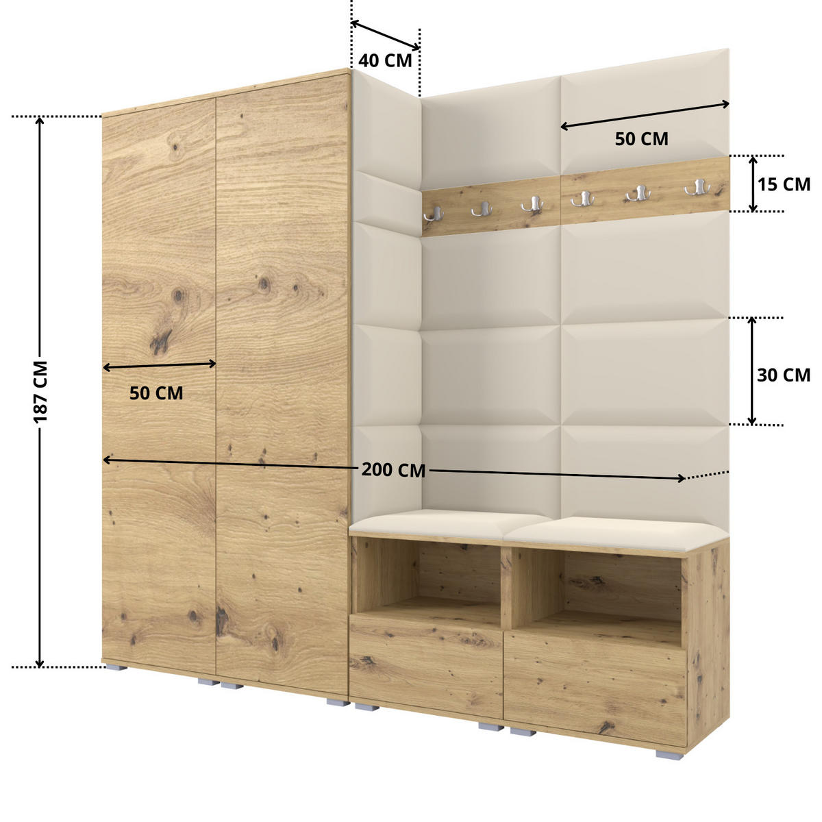GARDEROBE NELA VI 200 cm (Kompaktgarderobe Artisan Eiche mit Sitzpolster Creme 01 Schrank & Paneel) - Silberfarben/Creme, Holz/Holzwerkstoff (200/187/40cm) - Ravio