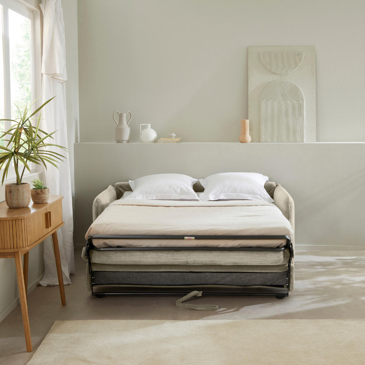 SCHLAFSOFA mit 3 Plätzen aus geripptem Samt, L185 cm - MIKA - Ecru, Textil (106/92/106cm) - Calicosy