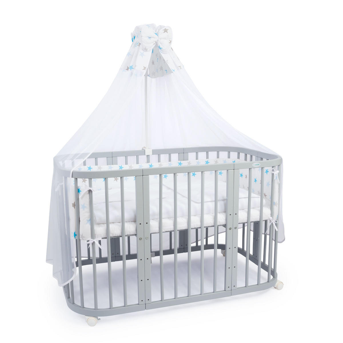 BABYBETT GREY, 7in1 mit Matratze - Grau/Hellblau, Holz (73/123cm) - waldin