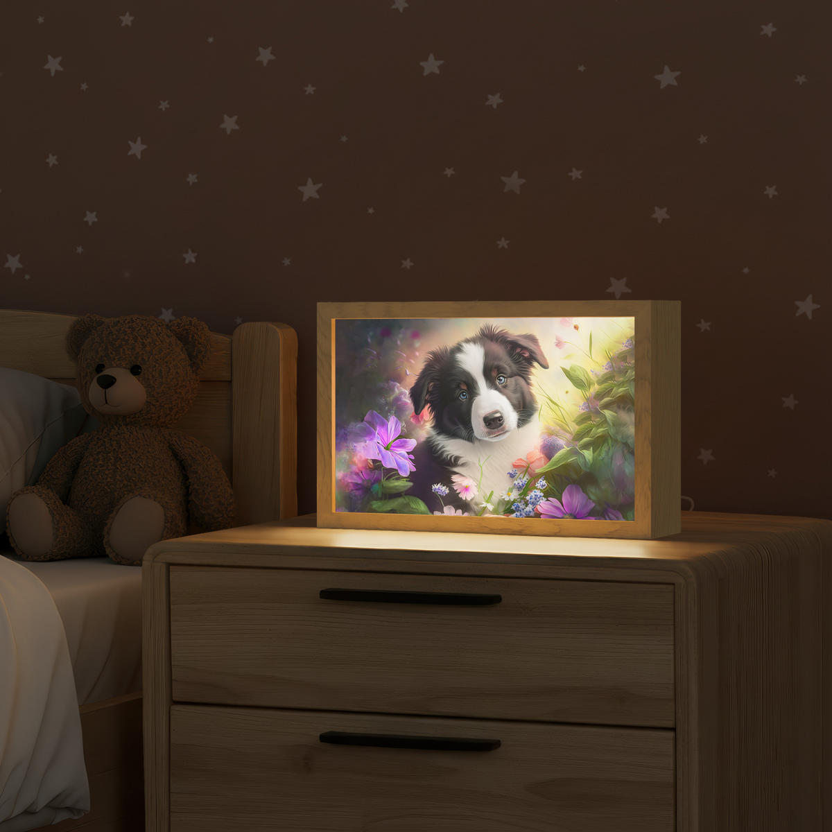 NACHTTISCHLAMPE Welpe - Sonne - Blumen - Natur - Border Collie - Hund 30x20 cm - Violett, Holzwerkstoff (8/30/20cm)