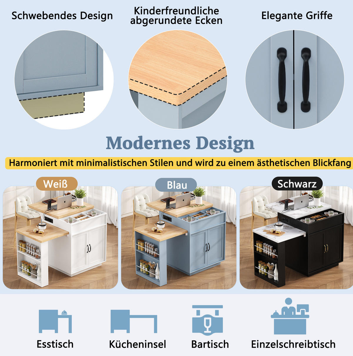 KÜCHENINSEL 125,5-187,5/71/93 cm aus MDF mit ausziehbarer Tischplatte, LED-Beleuchtung, USB/Type-C und Rollen, Blau - Hellblau, Holzwerkstoff (125.5/93/71cm) - Redom