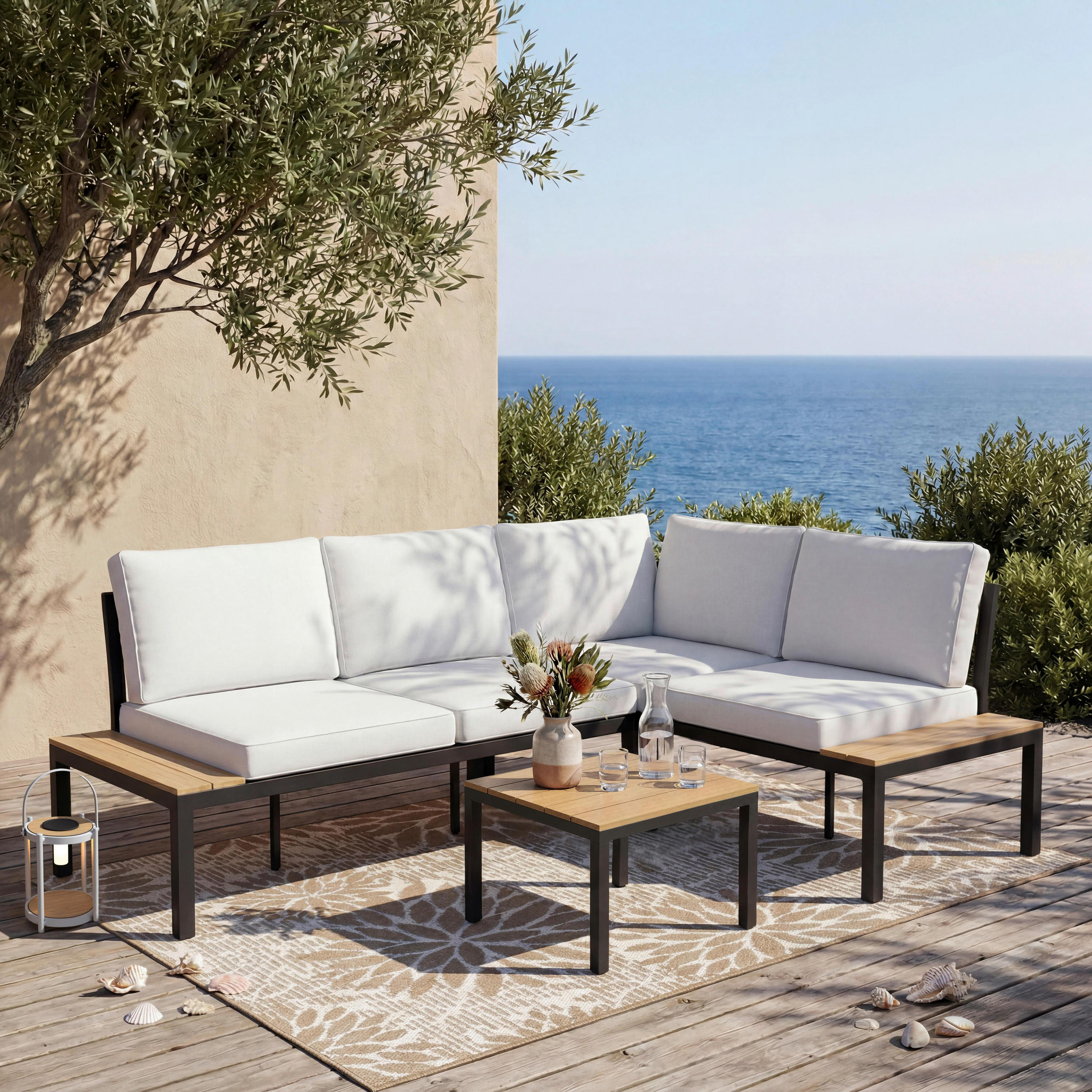 LOUNGEGARNITURSET Arianna Weiß Outdoorstoff/Metall +Abdeckung - Creme, Metall - Bessagi Garden