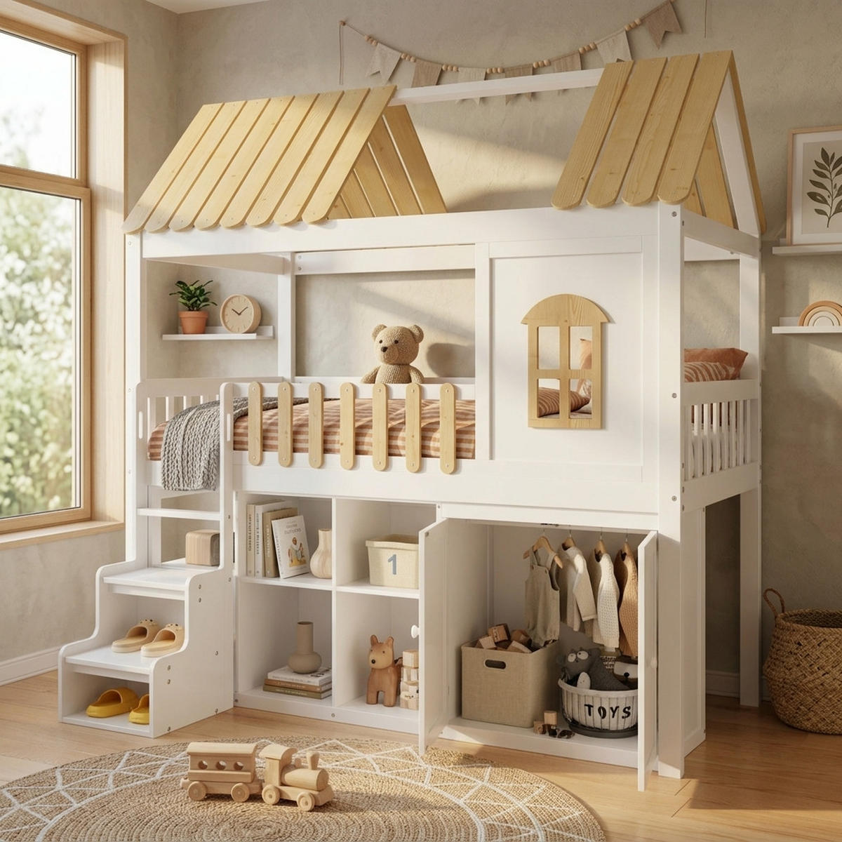 ETAGENBETT 90/200 cm in Weiß & Natur mit Regal, Schrank und Treppe - Weiß/Naturfarben, Holz/Holzwerkstoff (90/200cm) - WISHDOR