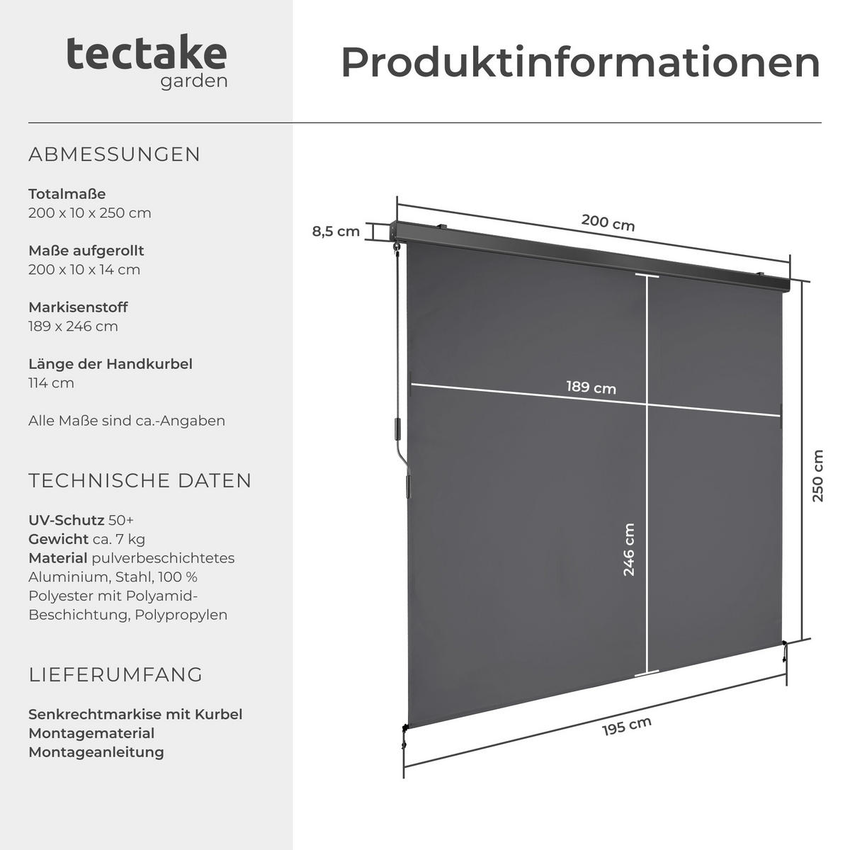 SENKRECHTMARKISE Eloise, inkl. Wandhaltern, dunkelgrau - Dunkelgrau, Textil (200/250cm) - tectake
