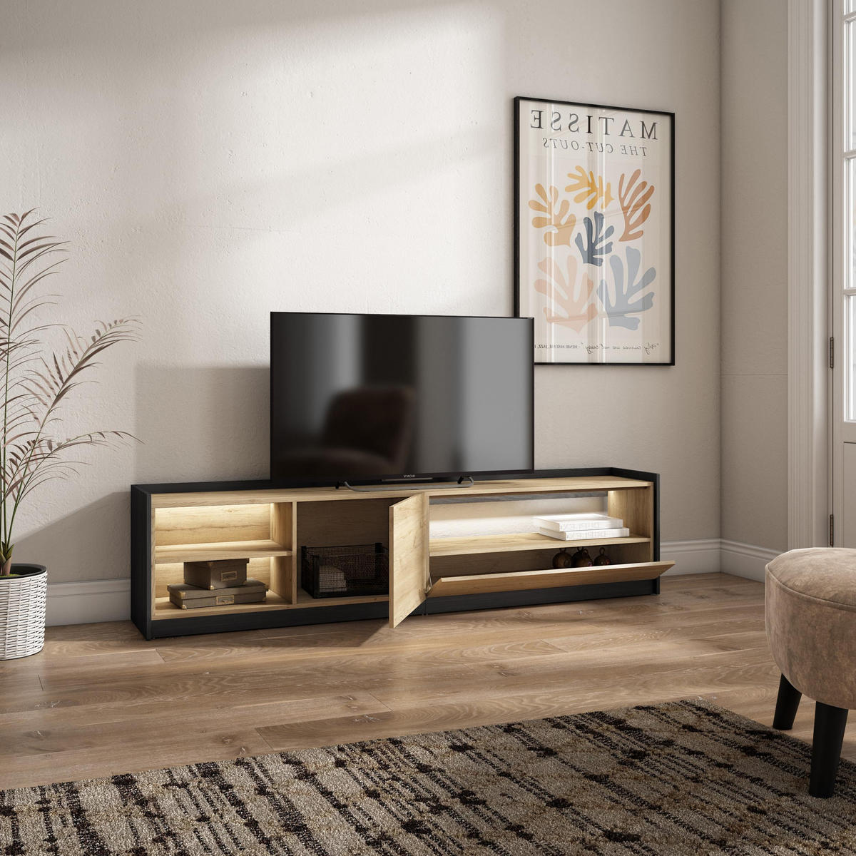 LOWBOARD, Eiche und Schwarz, 207/37/50cm, mit Led - Eichefarben, Holzwerkstoff (207/50/37cm) - Skraut Home