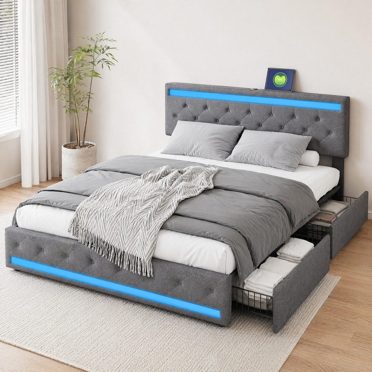 DOPPELBETT 180x200cm grau leinen led usb typ-c schubladen - Dunkelgrau, Metall - SHOPENTRA