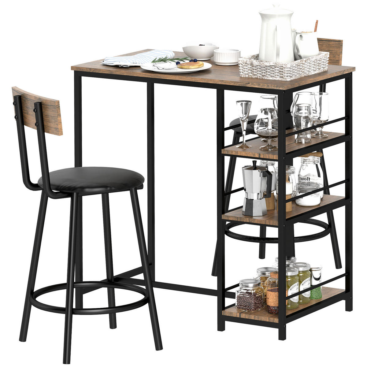 BARTISCH-SET 3-teilig DE-07979 mit seitlichen Regalen Schwarz - Eichefarben, Metall (50/90.5/90cm) - ComfortXL
