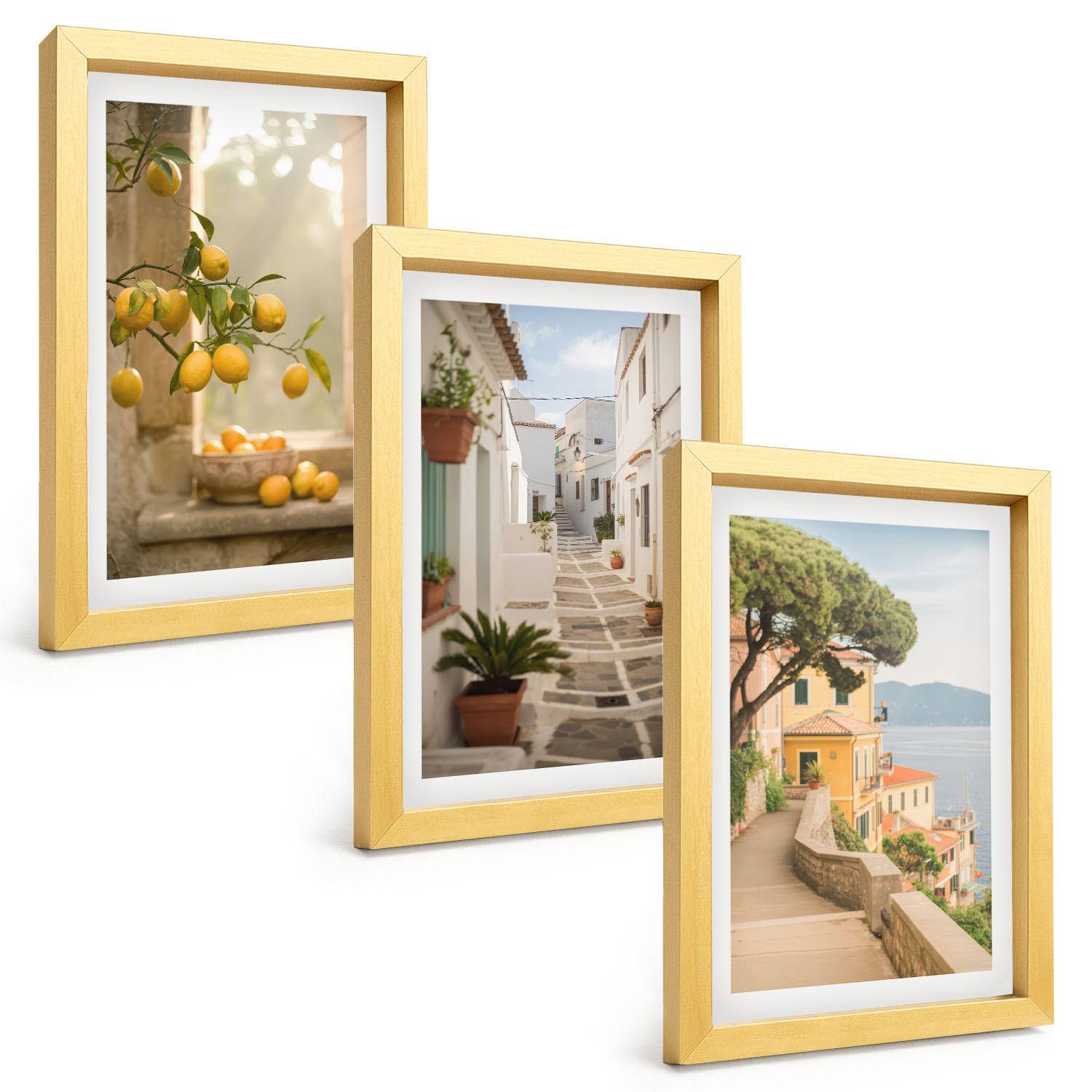 BILDER SET 3er Set - 20x30 cm Goldrahmen - Blick aus dem Fenster auf einen Zitrusbaum - Goldfarben, Kunststoff (20/30cm) - TULUP