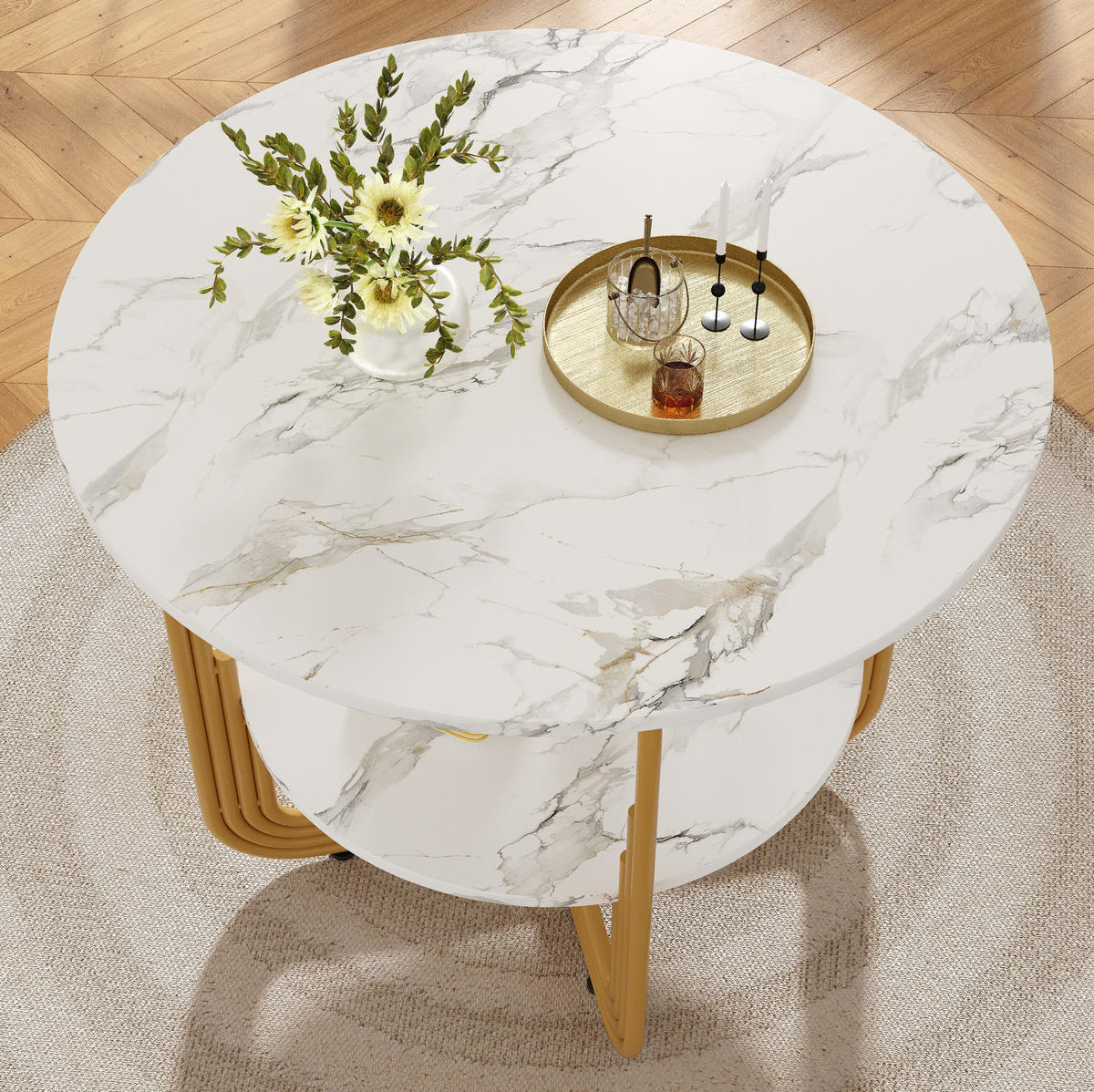 ESSTISCH rund 80/80/76 cm Gold MDF in Marmoroptik mit Ablage - Goldfarben, Holzwerkstoff (80/80/76cm) - OKWISH