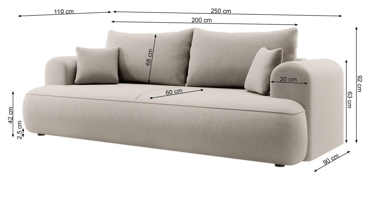 SCHLAFSOFA Ovo Beige 250 cm - Beige/Schwarz, Kunststoff/Textil (250/92/110cm) - Selsey
